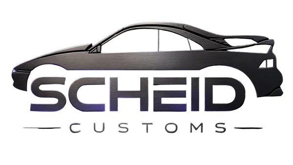 A dark metallic car silhouette logo with the text 'SCHEID CUSTOMS' beneath it, centered on a textured black background.